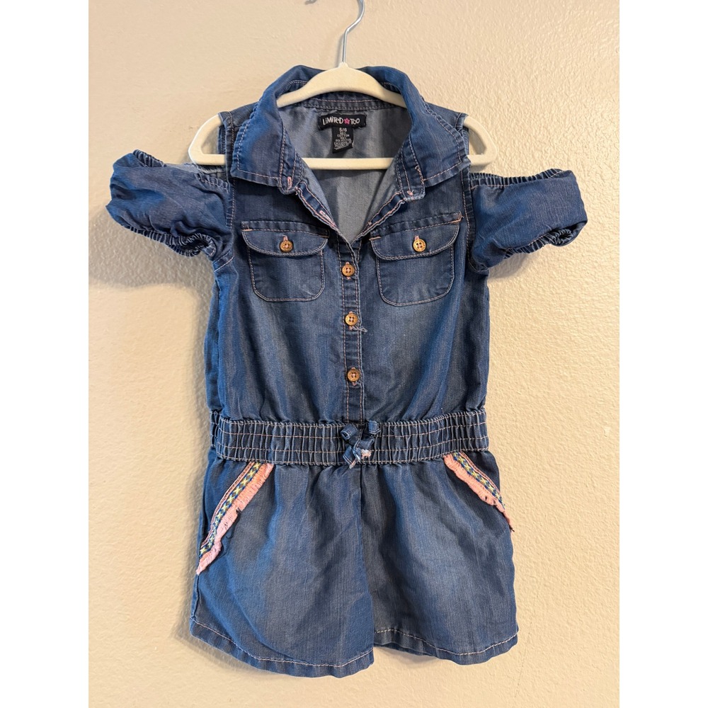 Limited Too Girls Blue Denim Cold Shoulder Romper Embroidered Fringe Size 5/6